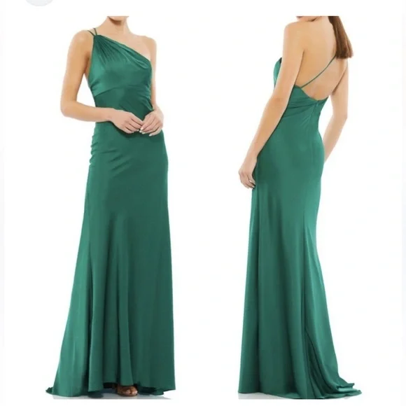 Ieena for Mac Duggal one shoulder satin gown emerald green festive party 6 NWT - Picture 1 of 9